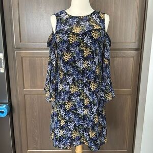 CeCe Womens Lydia Cold Shoulder Floral Shift Luxe Indigo Dress (A-1)